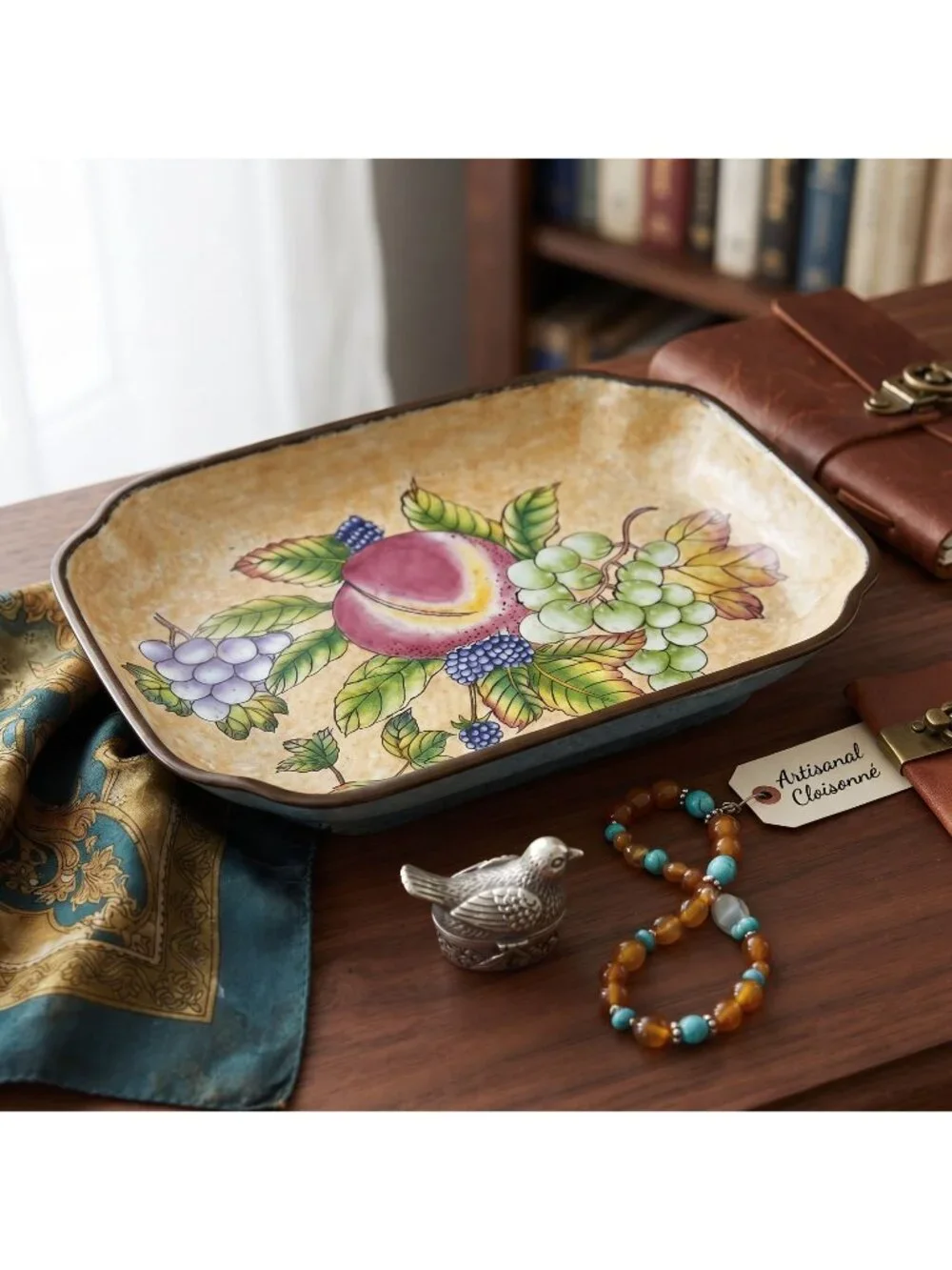 Vintage Chinemel B. Yee Enameled Tray Scalloped Fruit Design